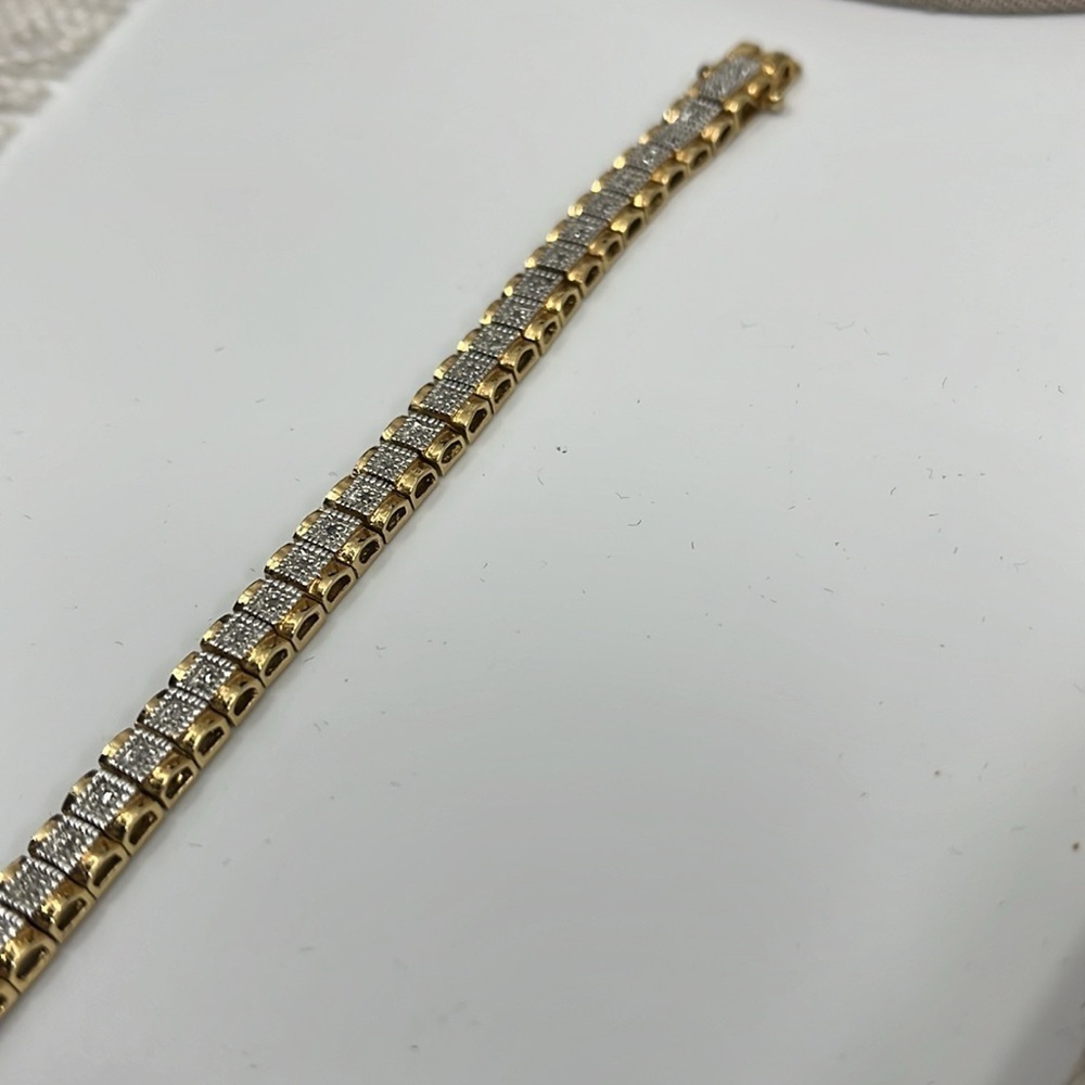 Authentic Sterling Silver Gold Etched Tennis Bracelet - 925 CISS - 8" - Picture 6 of 11